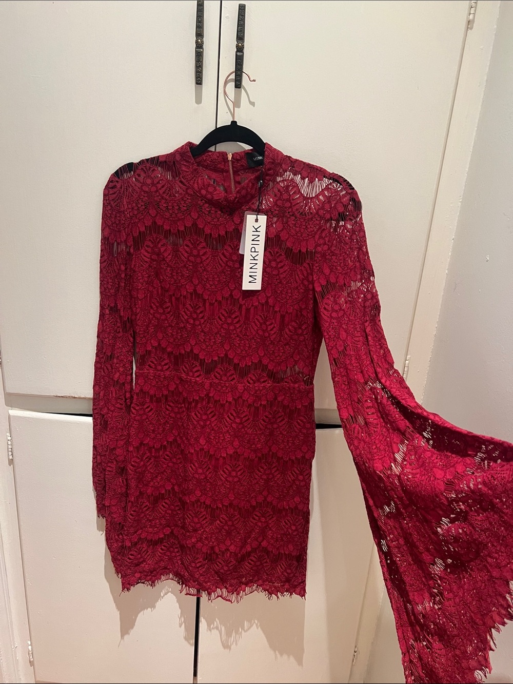MINKPINK Lace High-Neck Bell Sleeve Mini Dress